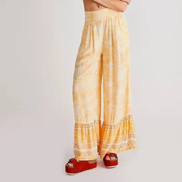 Free People Pants - Free People Vanessa Printed Smocked High Waist Yellow Wide Leg Pants
